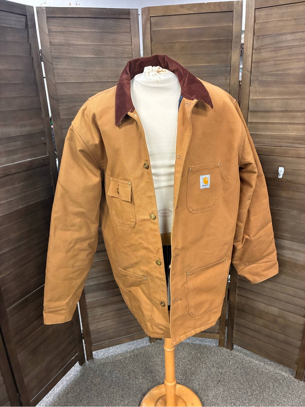 Carhartt Tan Work Jacket with Brown Corduroy Collar and Flannel Lined